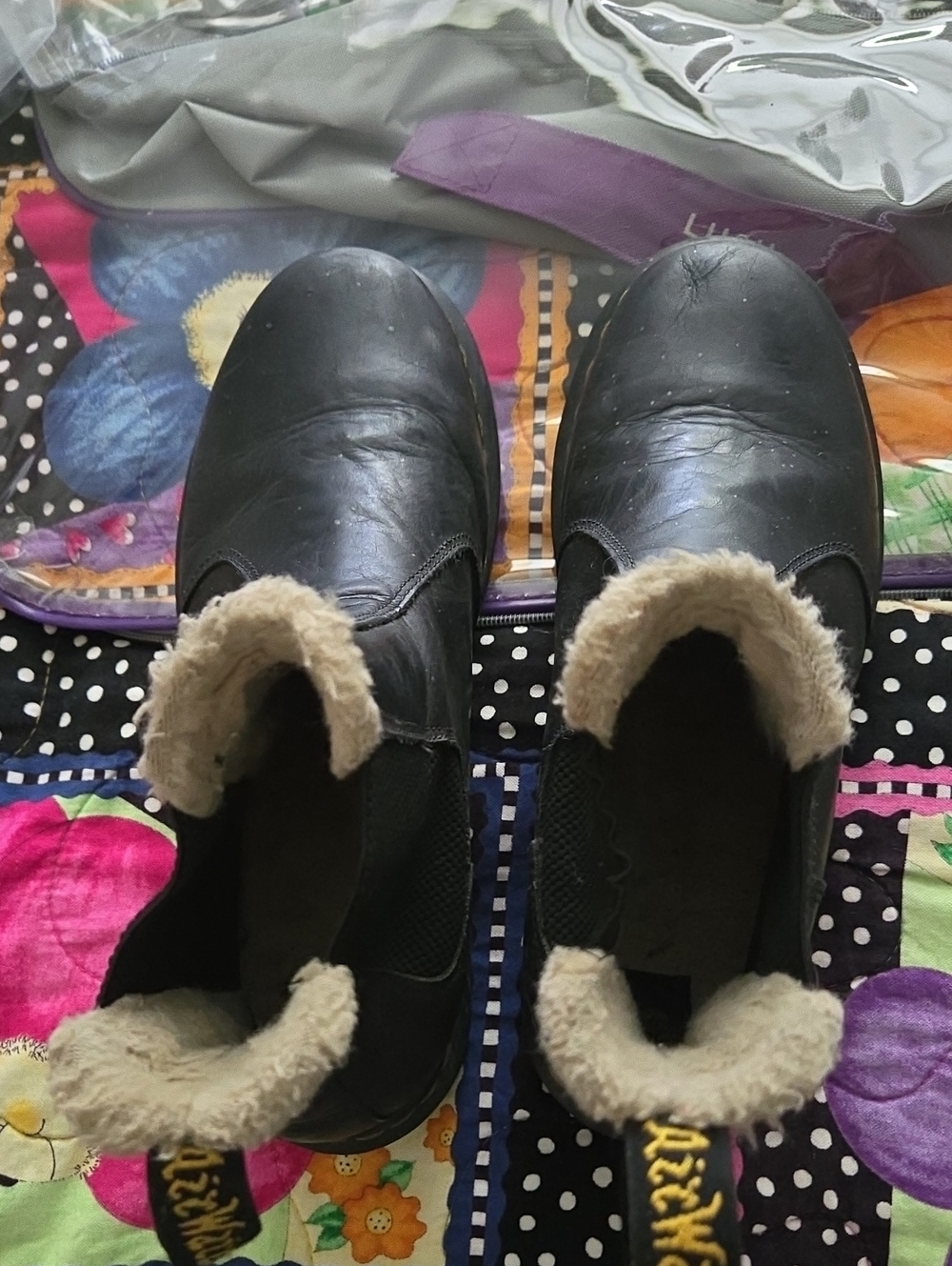 Women's Black Doc Martins Faux-Shearling Lined Slip-On Boots With Bouncy Sole